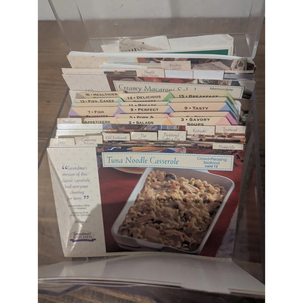 Vtg Plastic Recipe Box Index Card Collection Clippings‎ Typed Grandma's Kitchen